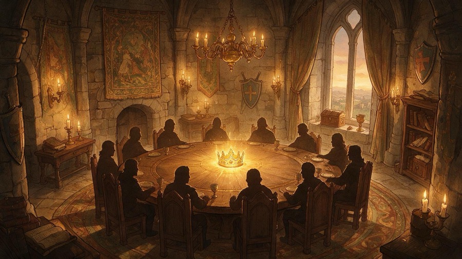 Round table of knights in a candlelit tower hall
