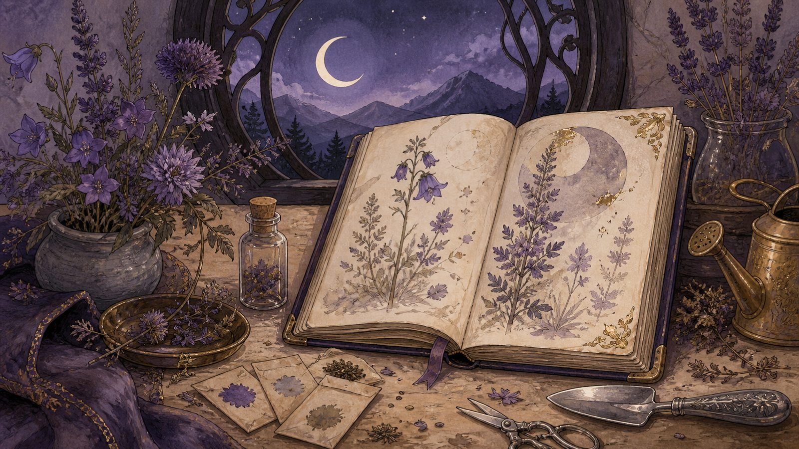 Unofficial editorial illustration of a moonlit botanical journal and gardening still life.