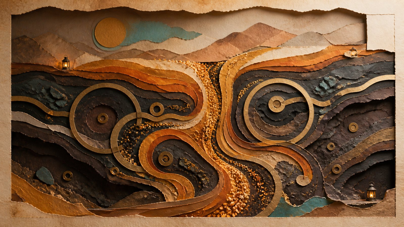 Unofficial editorial illustration of layered sand, minerals and abstract flow channels.